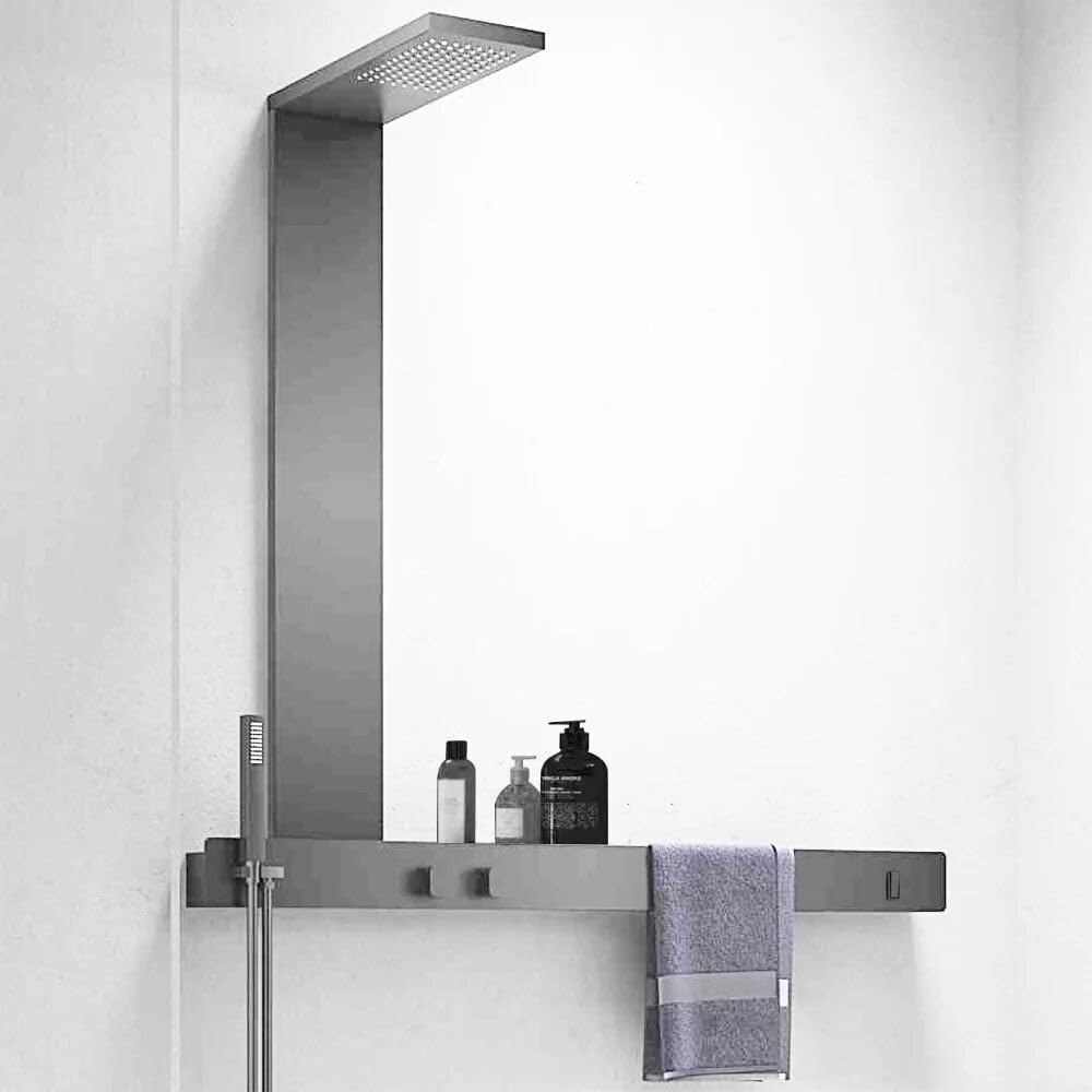 Wall-Mounted Luxury Thermostatic Shower System with Storage Rack & Towel Bar