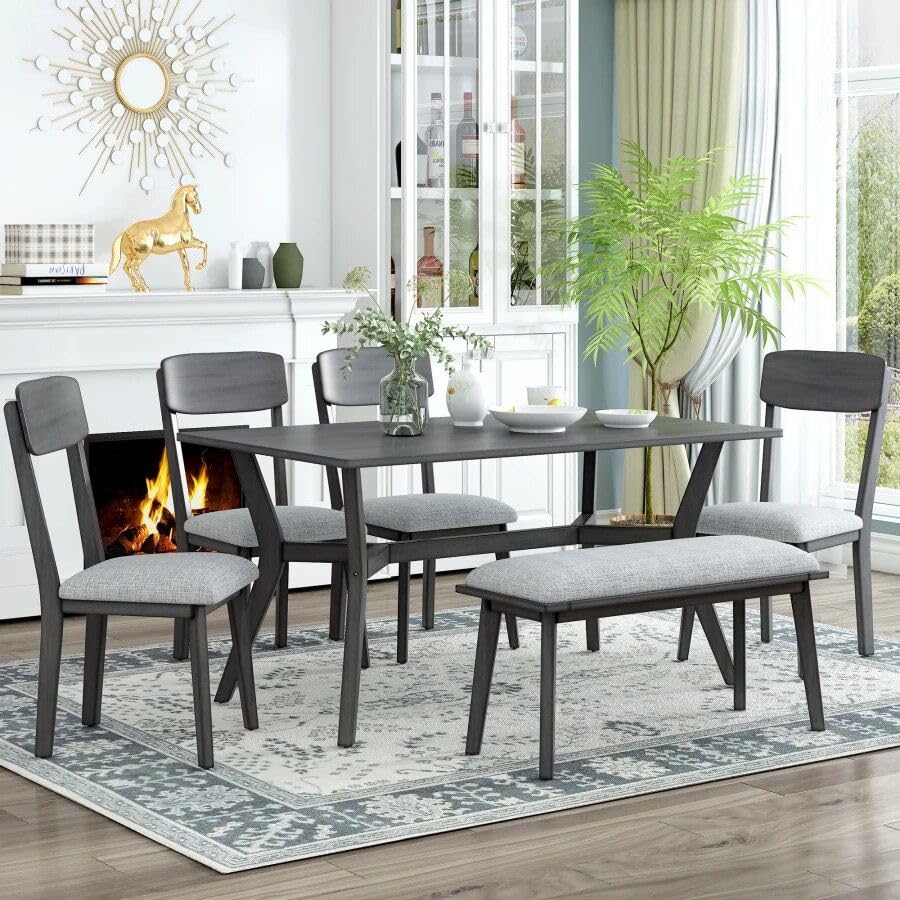 Mid-Century Modern 6-Piece Dining Set with Table, Chairs &amp; Bench