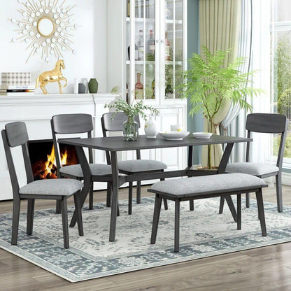 Mid-Century Modern 6-Piece Dining Set with Table, Chairs &amp; Bench