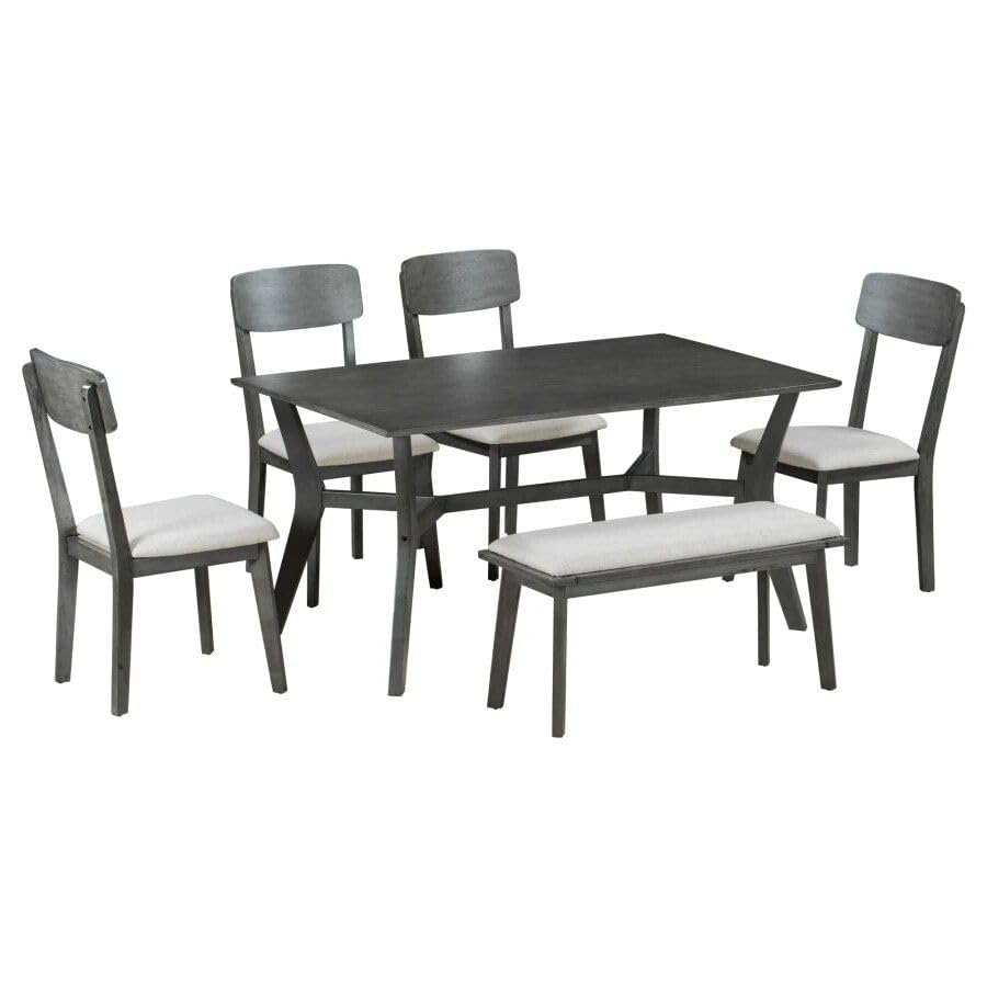 Mid-Century Modern 6-Piece Dining Set with Table, Chairs & Bench