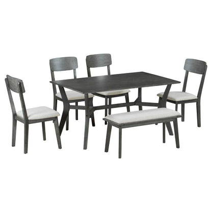 Mid-Century Modern 6-Piece Dining Set with Table, Chairs &amp; Bench
