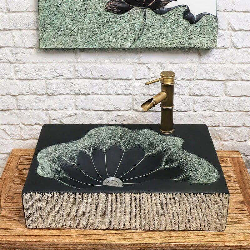 Modern Lotus Leaf Rectangular Resin Washbasin – Elegant Above Counter Bathroom Sink