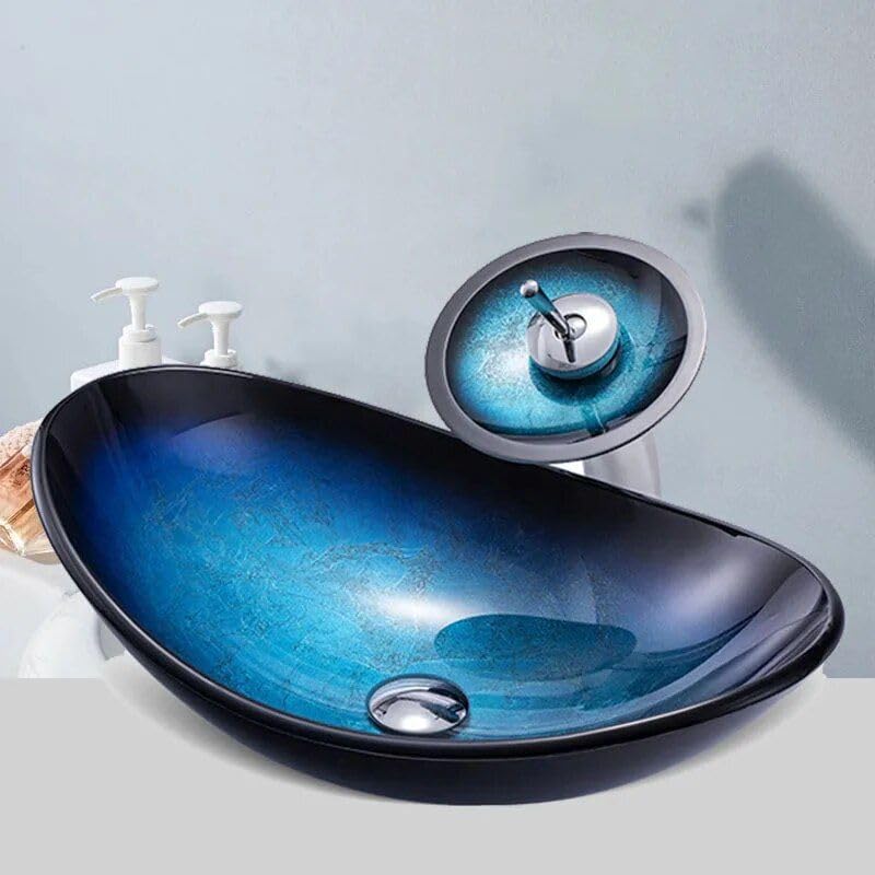 Wasserhahn aus gehärtetem Glas mit Wasserfalleffekt, ovales Waschbecken mit Abflussrohr
