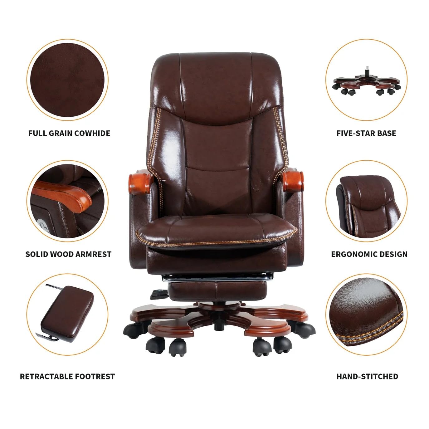 Luxury Ergonomic Swivel Office Chair with armrests and Rollers Brown