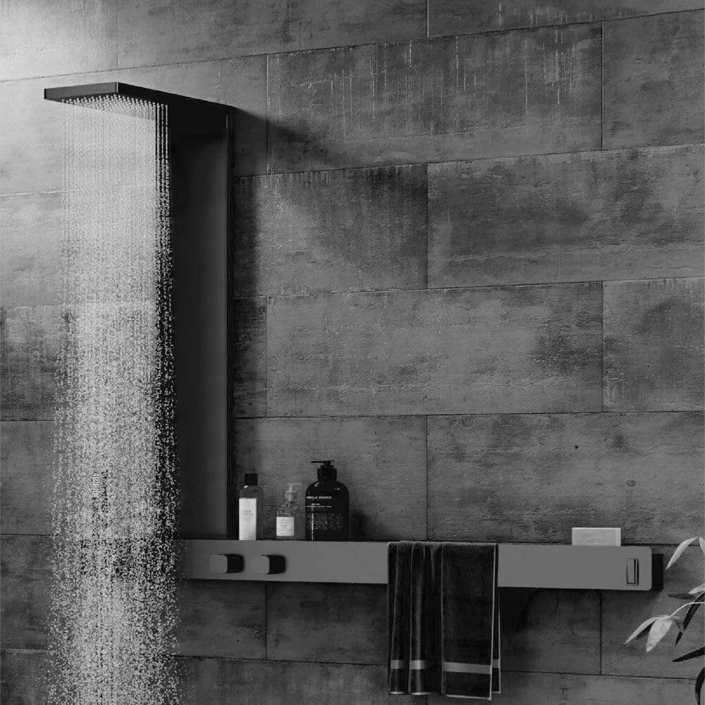 Wall-Mounted Luxury Thermostatic Shower System with Storage Rack &amp; Towel Bar