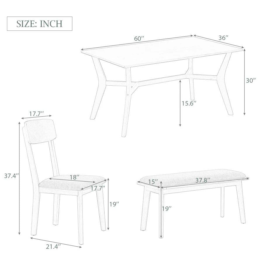 Mid-Century Modern 6-Piece Dining Set with Table, Chairs &amp; Bench