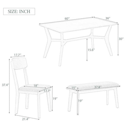 Mid-Century Modern 6-Piece Dining Set with Table, Chairs &amp; Bench