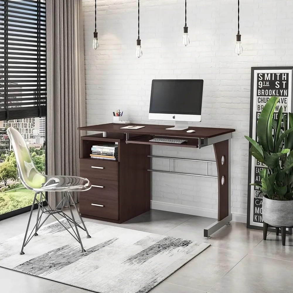 Elegant Chocolate Computer Desk with Ample Storage and Sturdy Design
